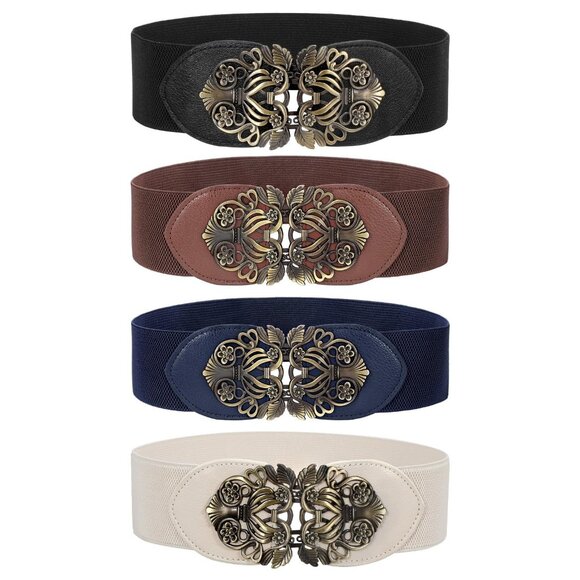 4 Pack Vintage Wide Elastic Waist Belts with Retro Buckle for Dresses